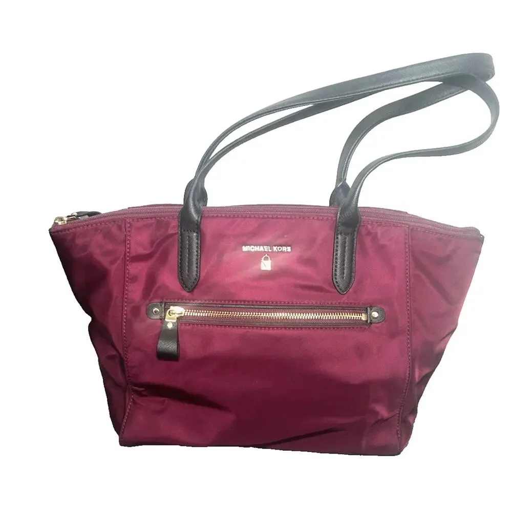 Michael Kors Kelsey Medium Nylon Tote Burgundy Gold Travel Shoulder Bag